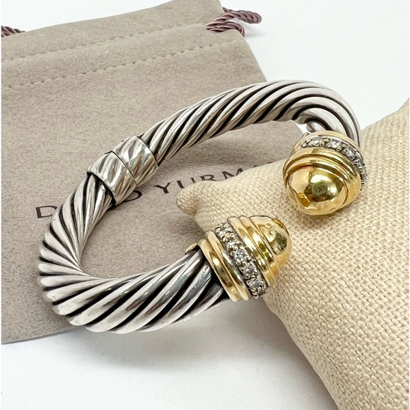 David Yurman Jewelry - David Yurman 10mm Gold Dome Diamond Hinged Cable Cuff Bracelet .925/18K